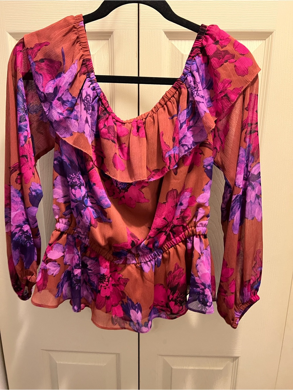 Ruffled Off-Shoulder Floral Peplum Blouse - Pink & Purple